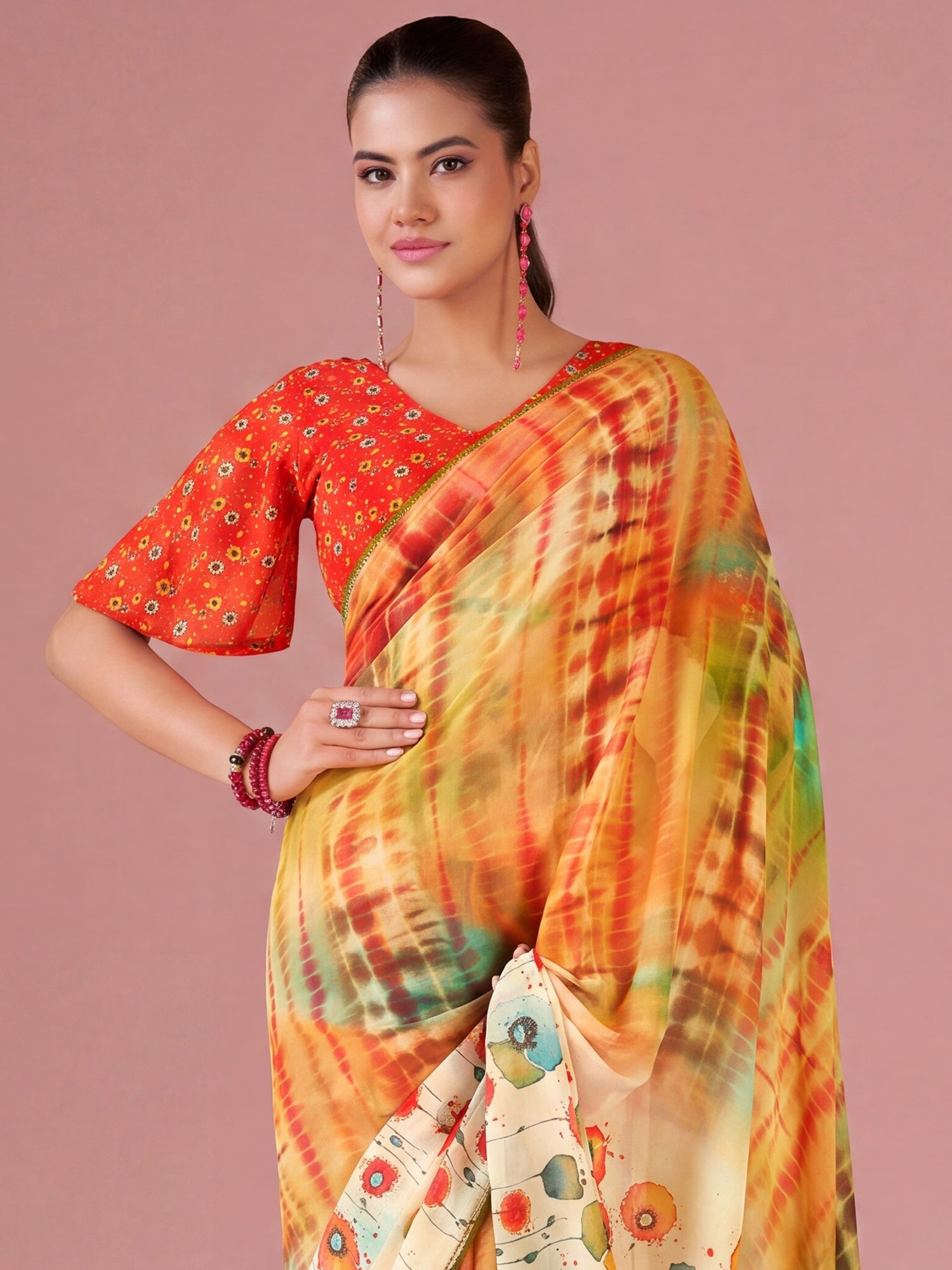 Mustard Georgette saree – detail view 3