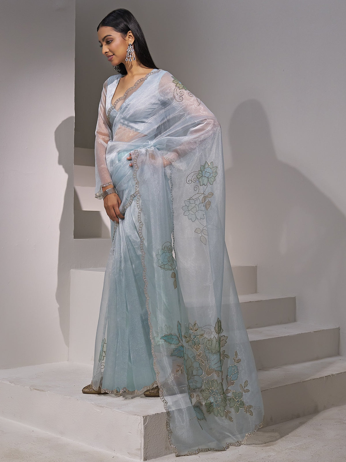 Light Blue organza saree view 1