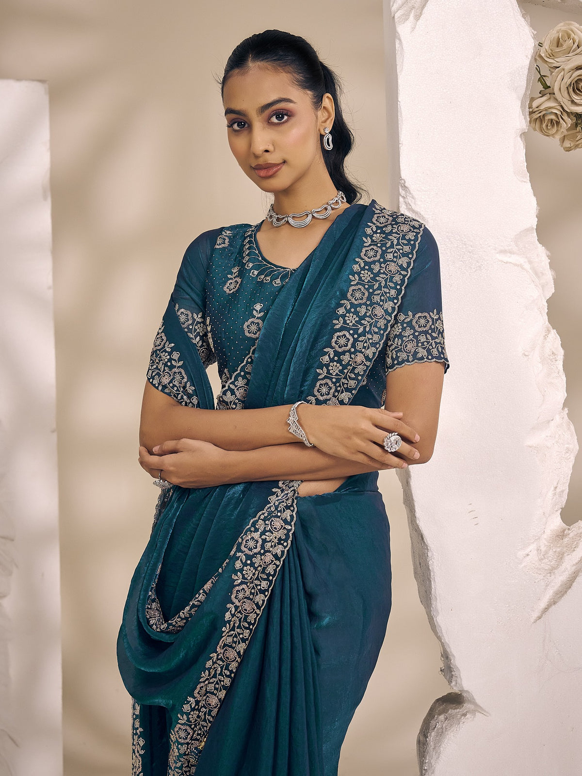 Teal satin silk saree view 4