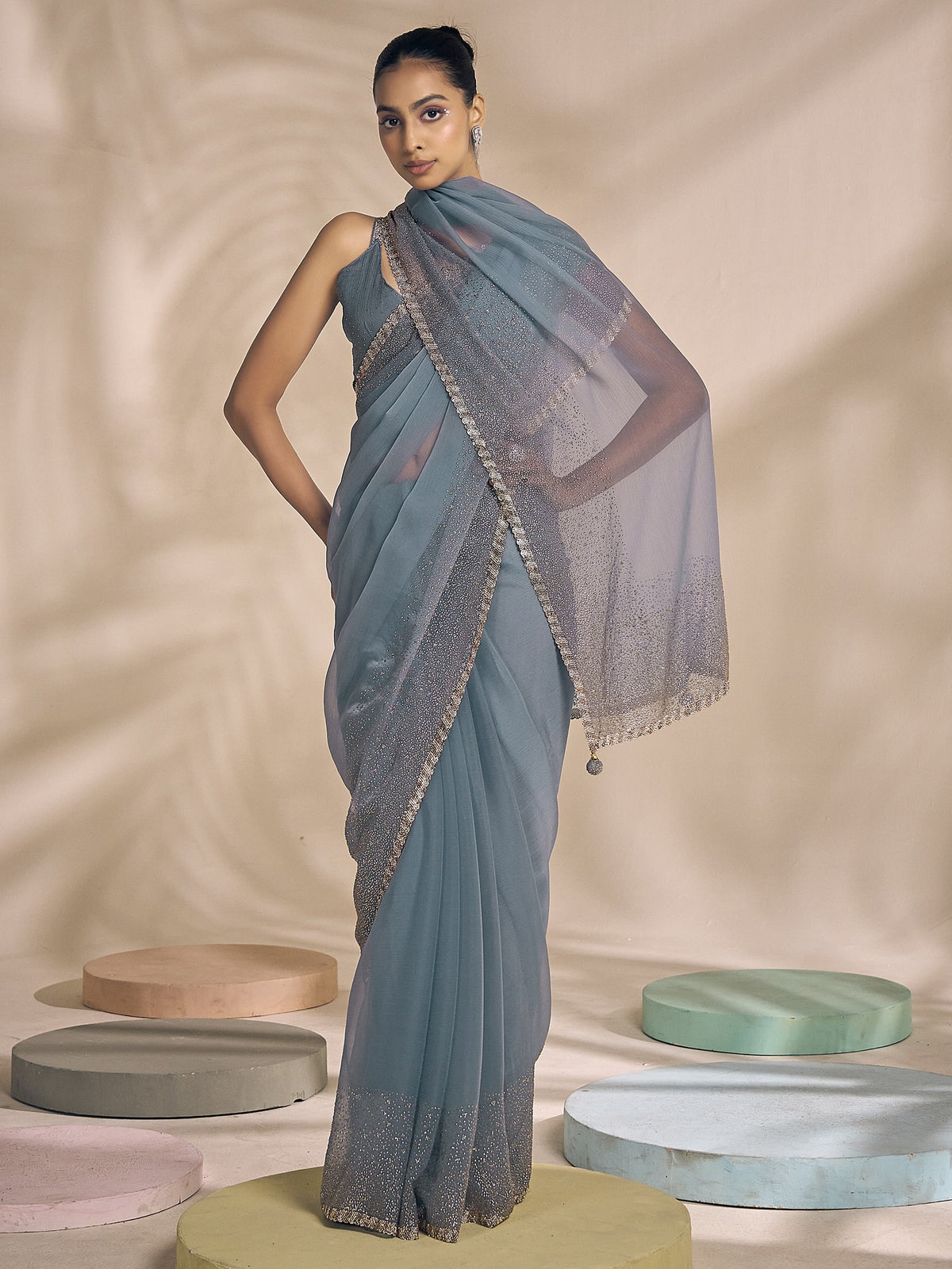 Light Blue chiffon saree view 3