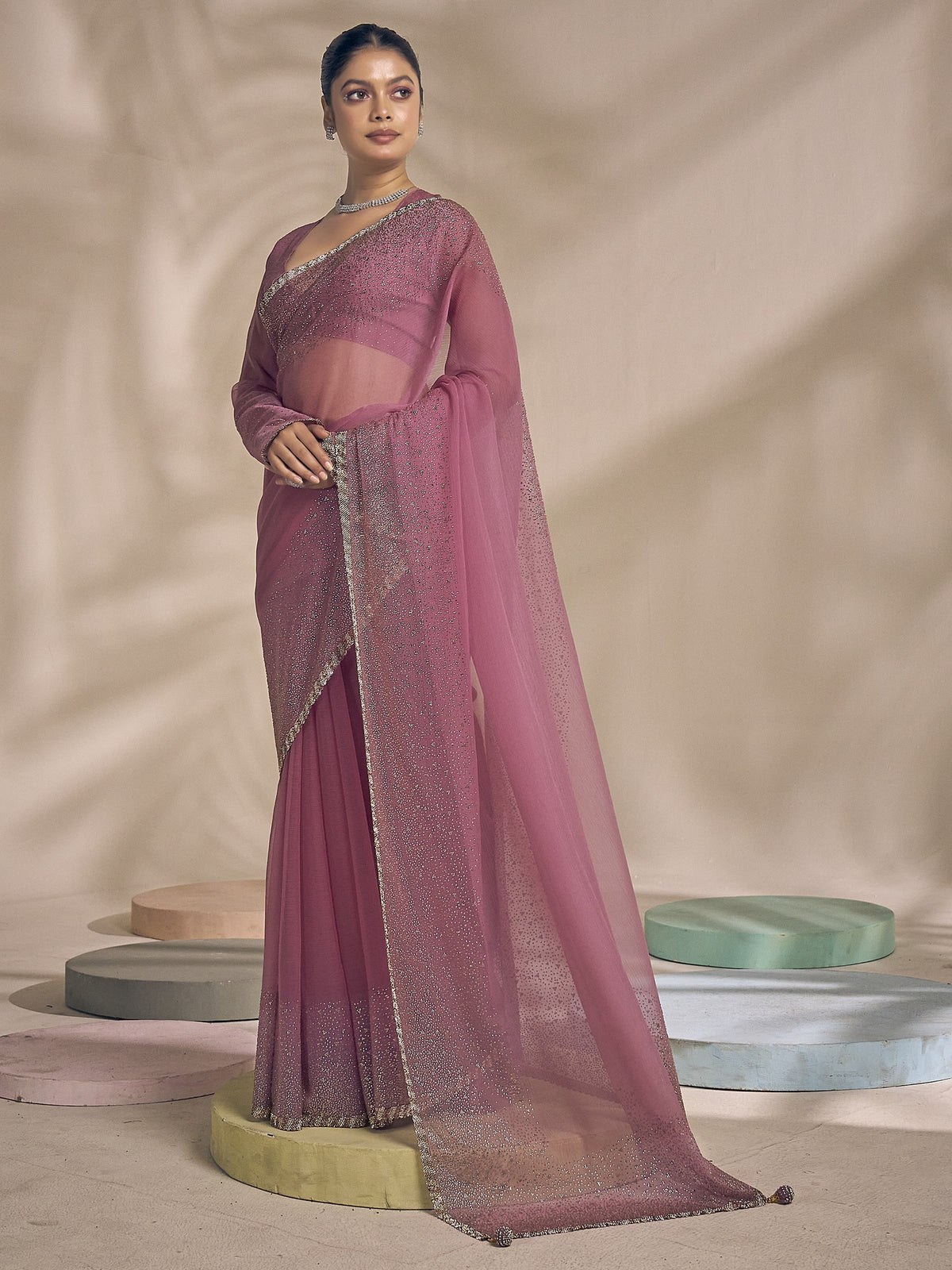 Mauve chiffon saree view 5