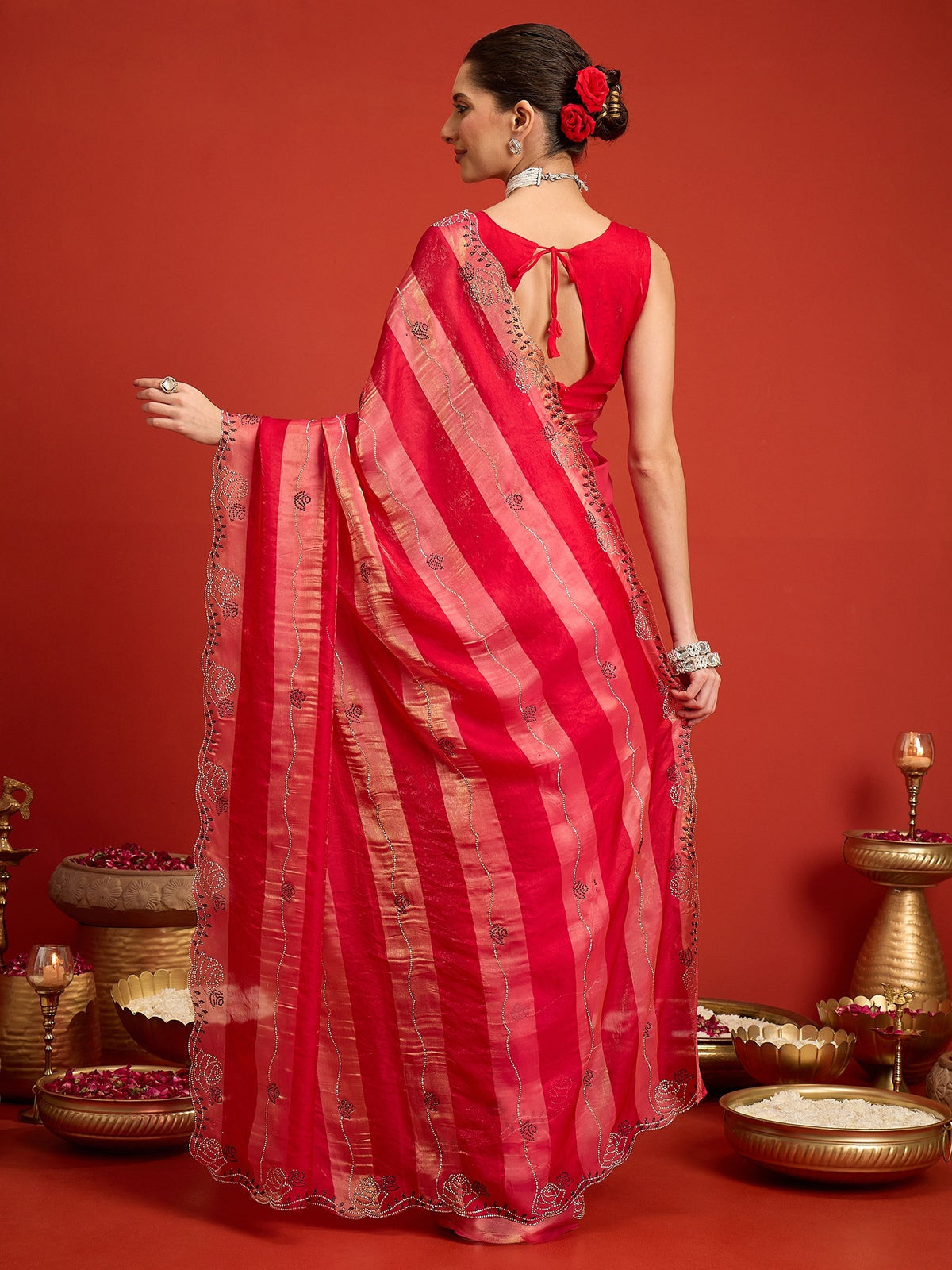 Pink Satin Silk saree – detail view 6