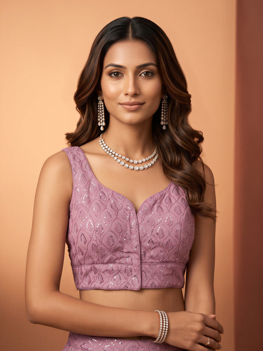 Lavender sequin embroidered georgette sleeveless readymade saree blouse with sweetheart neck