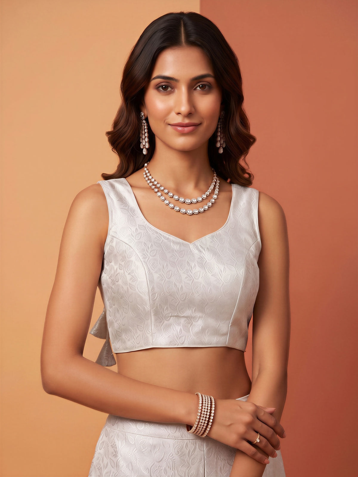 White woven brocade silk blend sleeveless readymade saree blouse with sweetheart neck view 3