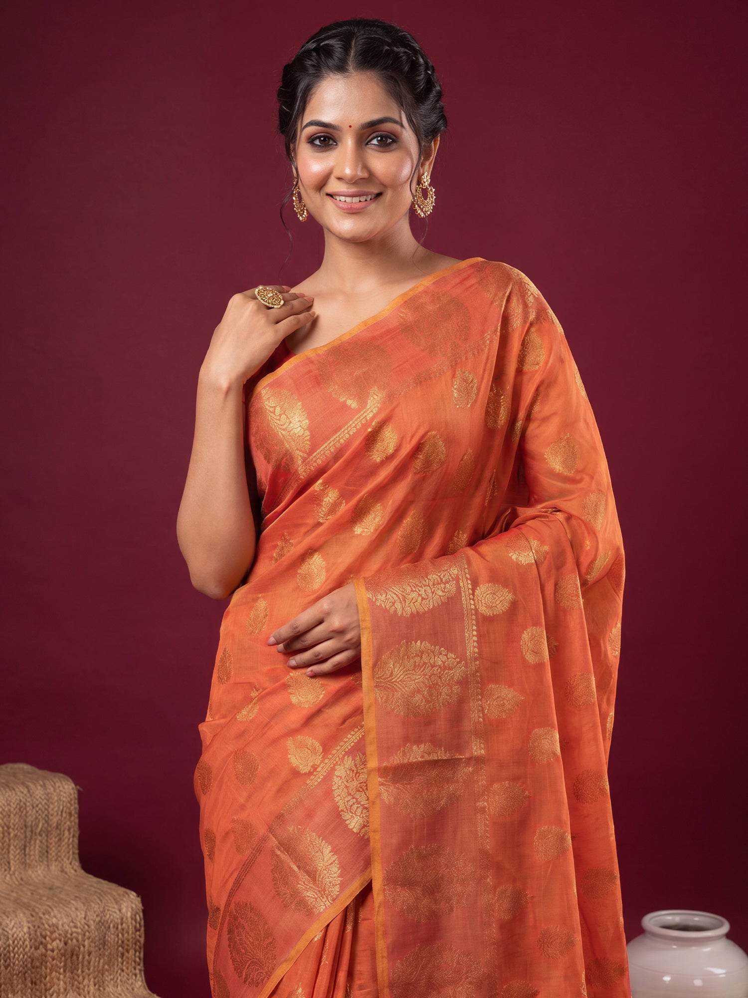 Orange Silk Blend saree – detail view 4