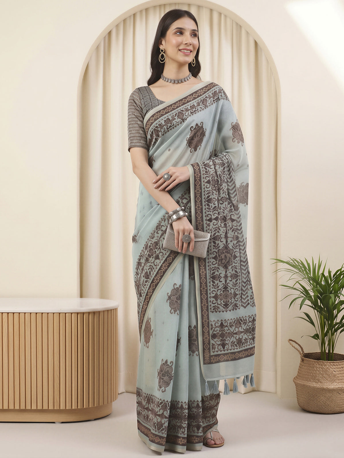 Light Blue Cotton Linen saree – detail view 2