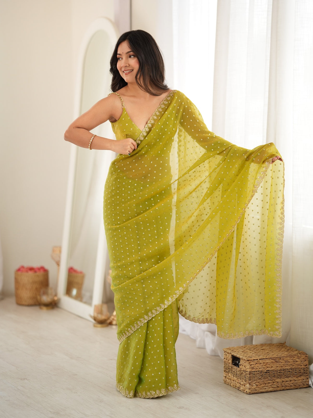 Lime Green Georgette saree – detail view 3