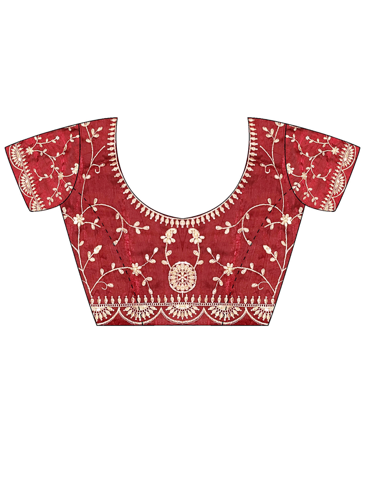 Unstitched red satin silk blouse piece with embellished design