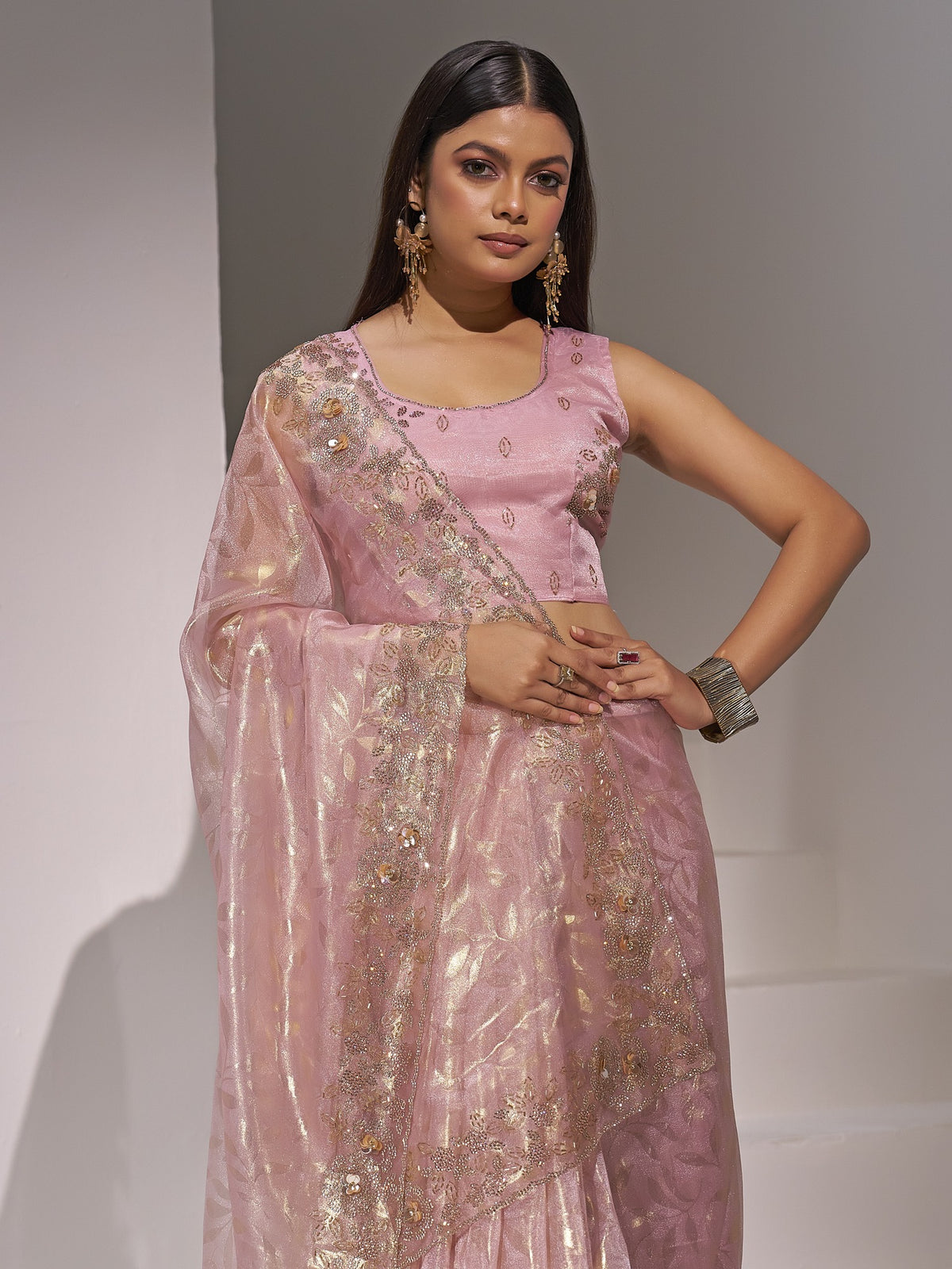 Pink organza saree view 4