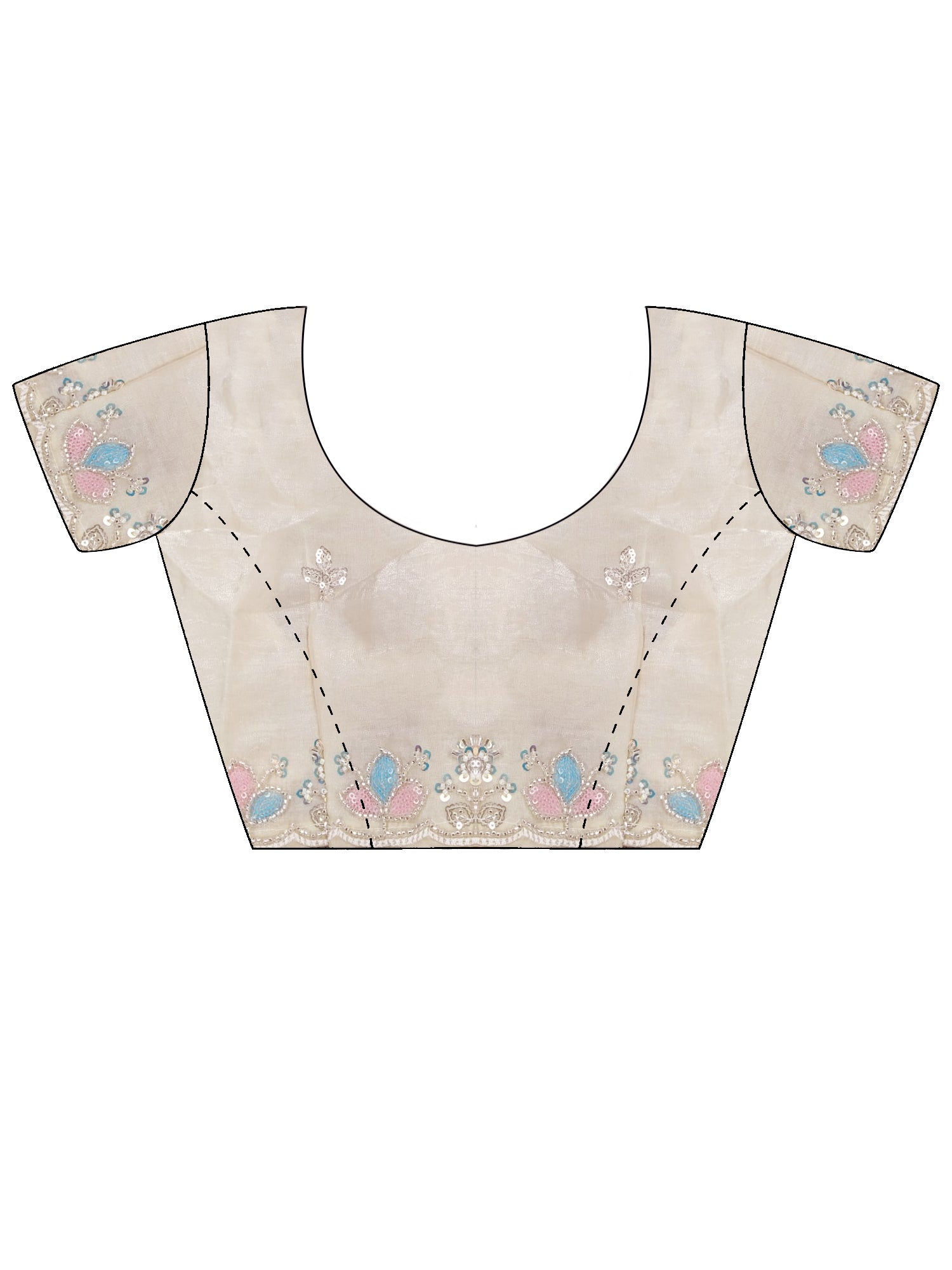 Unstitched off white satin blouse piece with embellished design