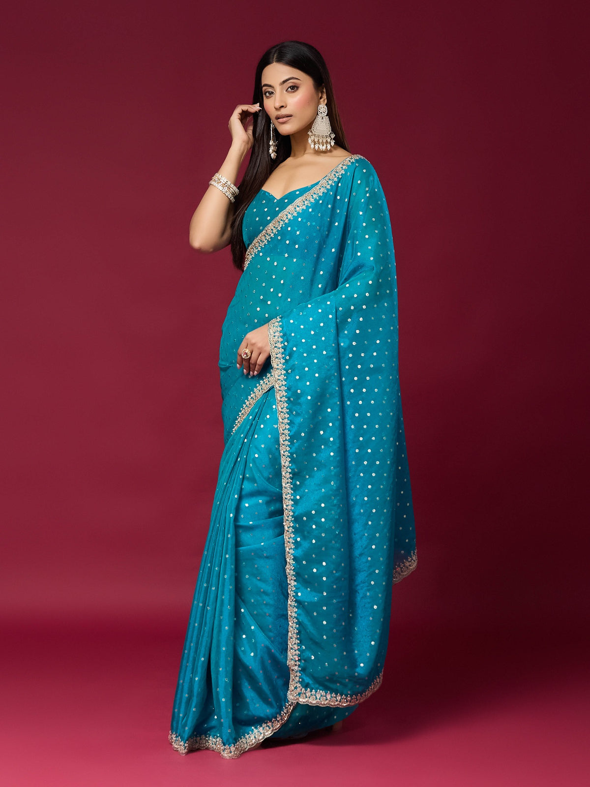 Turquoise Blue Georgette saree – detail view 6