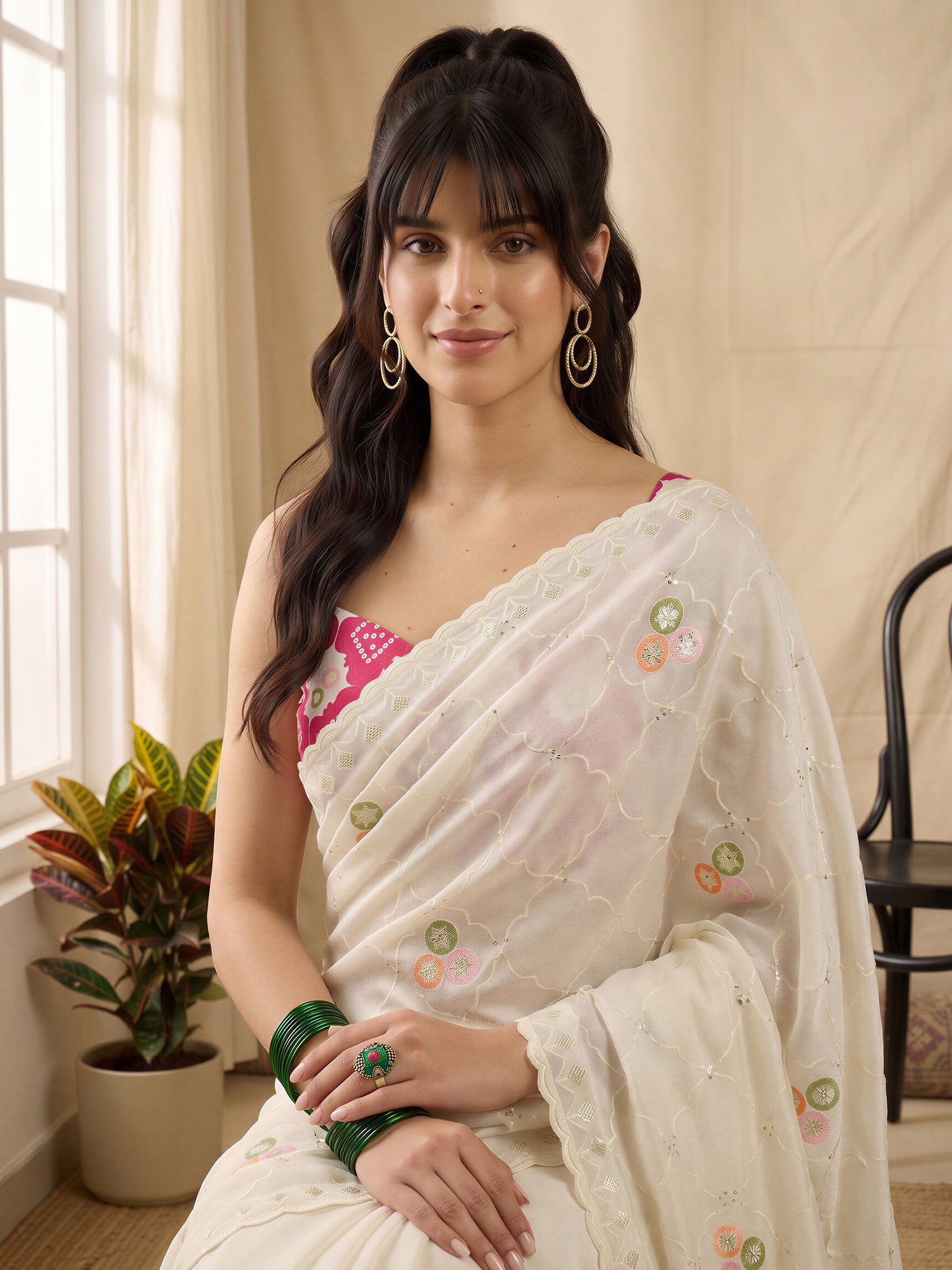 Off White Vichitra Silk saree – detail view 4