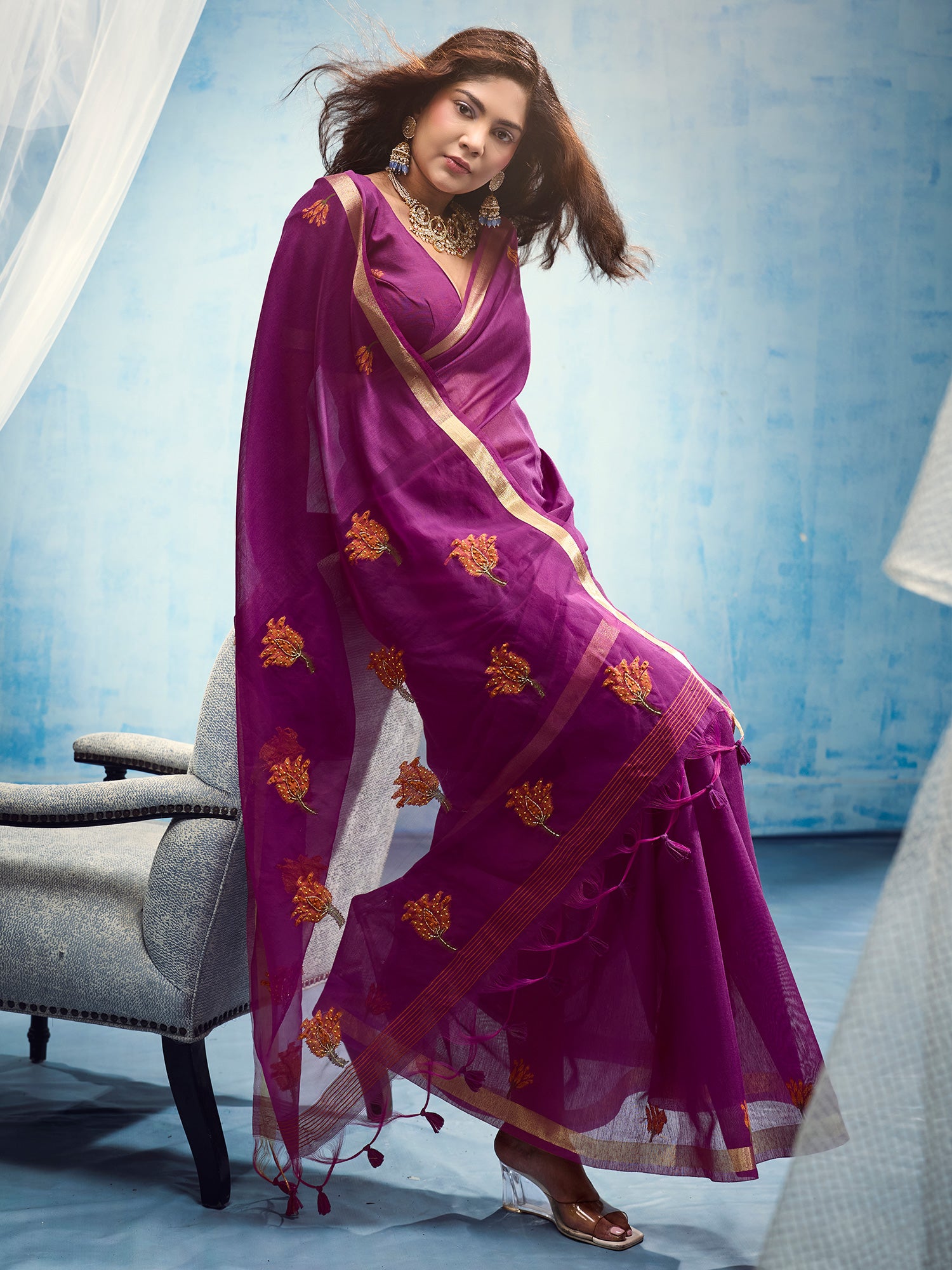 Magenta Muga Cotton saree – detail view 2