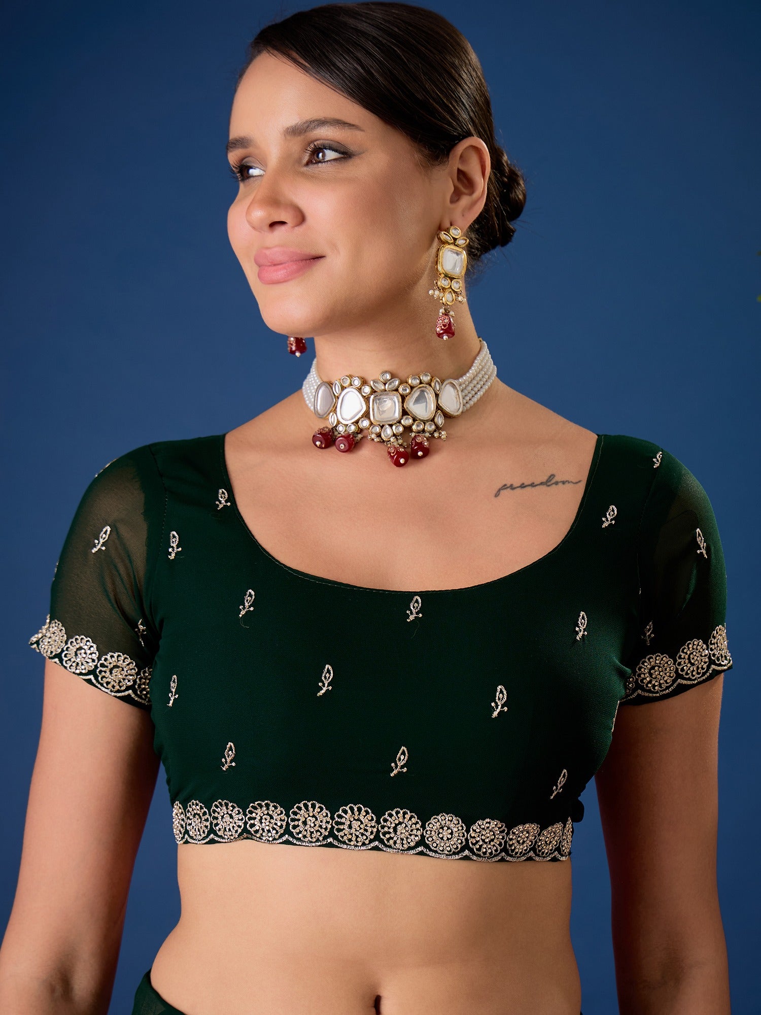 Green Georgette saree – detail view 5