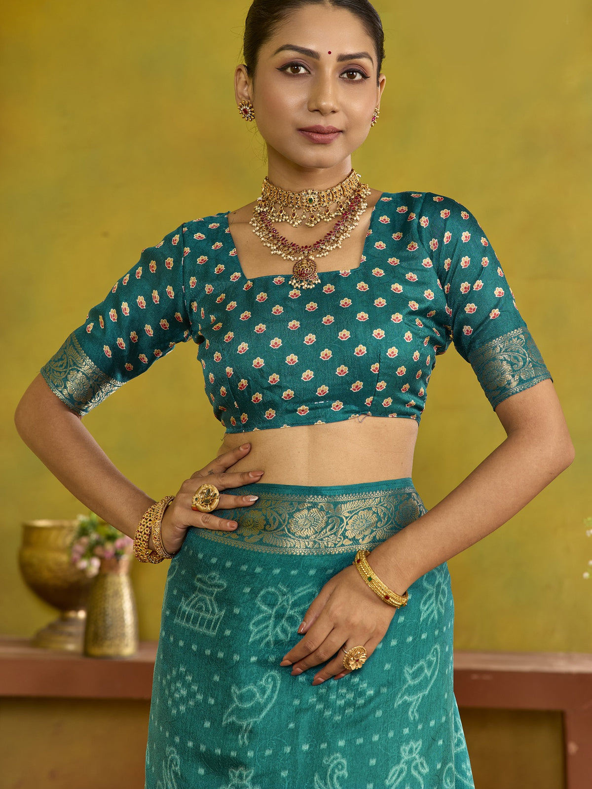 Teal Green tussar silk saree view 4