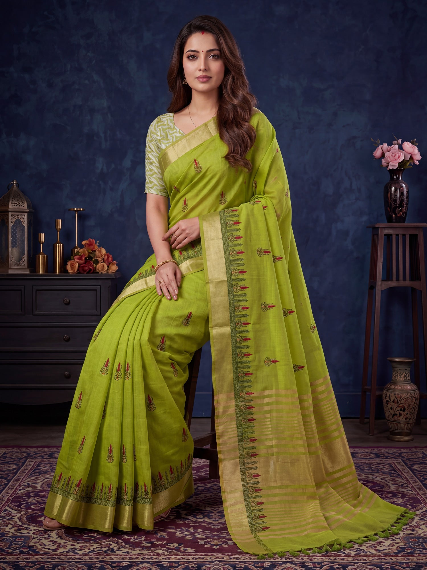 Lime Green Cotton Linen saree – detail view 3