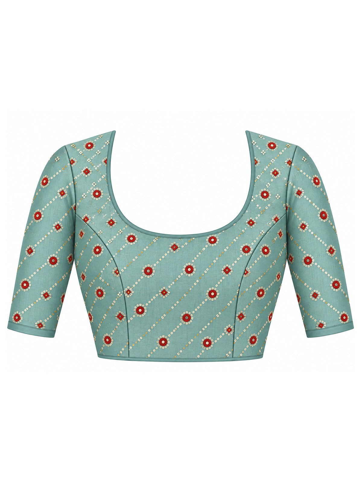 Unstitched aqua blue silk blend blouse piece with foil design