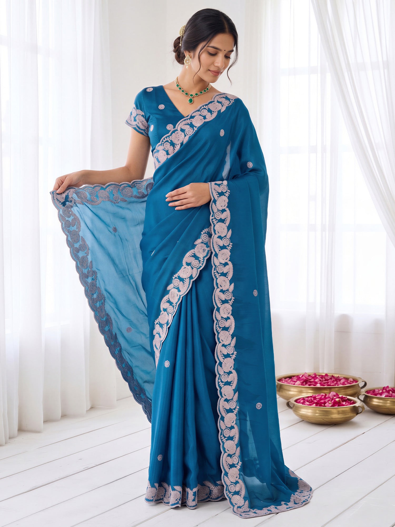 Teal Blue Satin saree – detail view 3