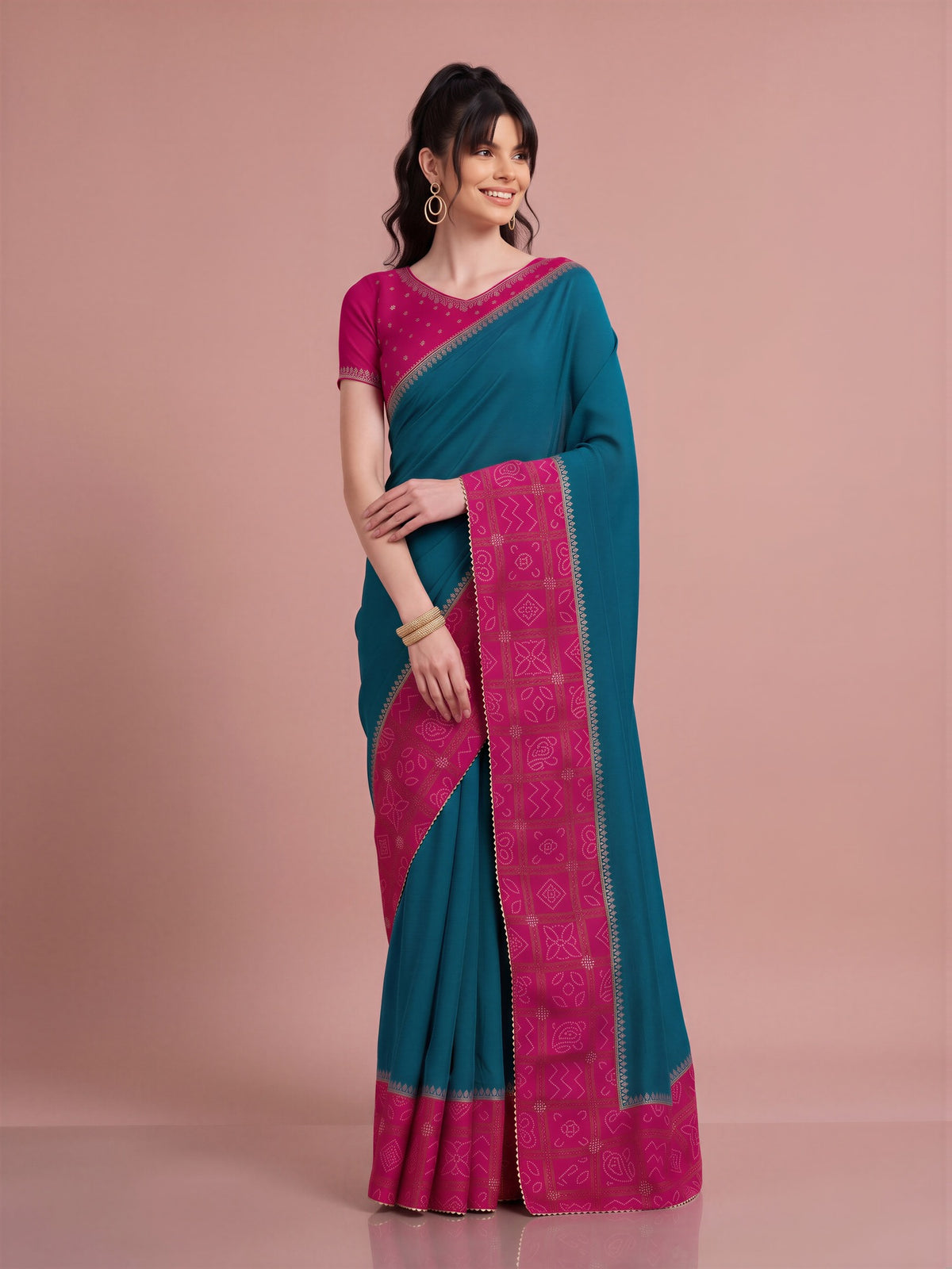 Teal Blue Vichitra Silk saree – detail view 3