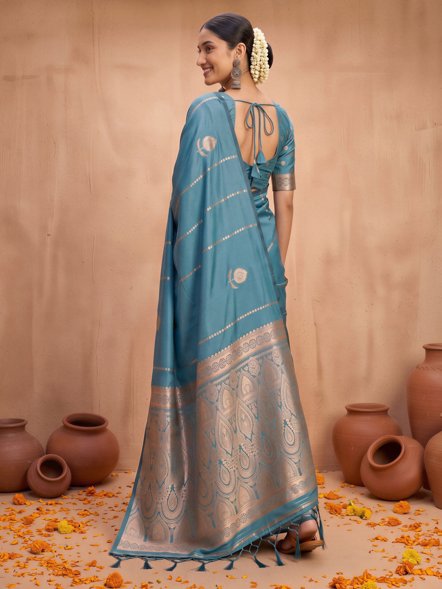 Teal Blue Satin Silk saree – detail view 1