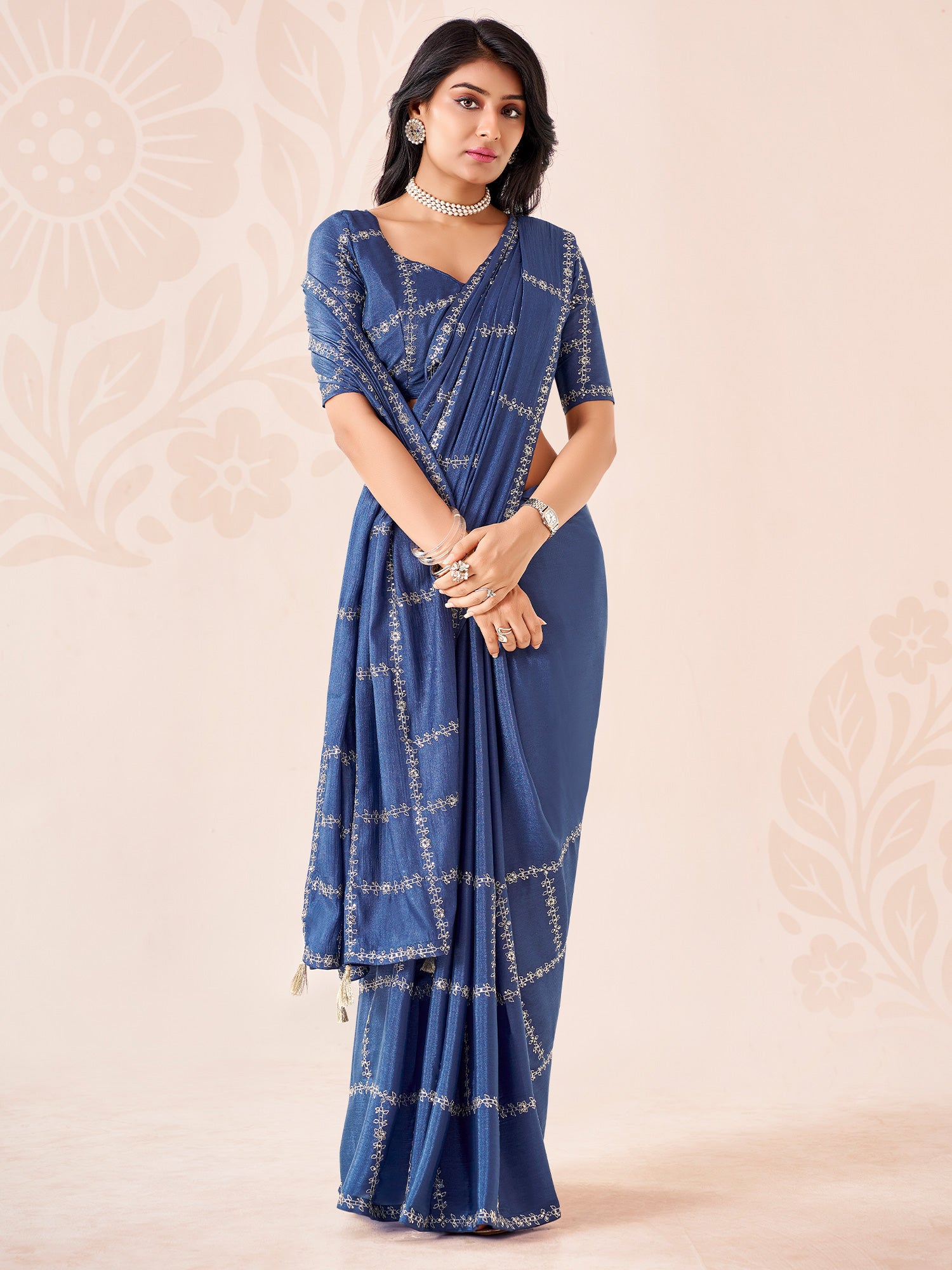 Navy Blue Chiffon saree – detail view 1
