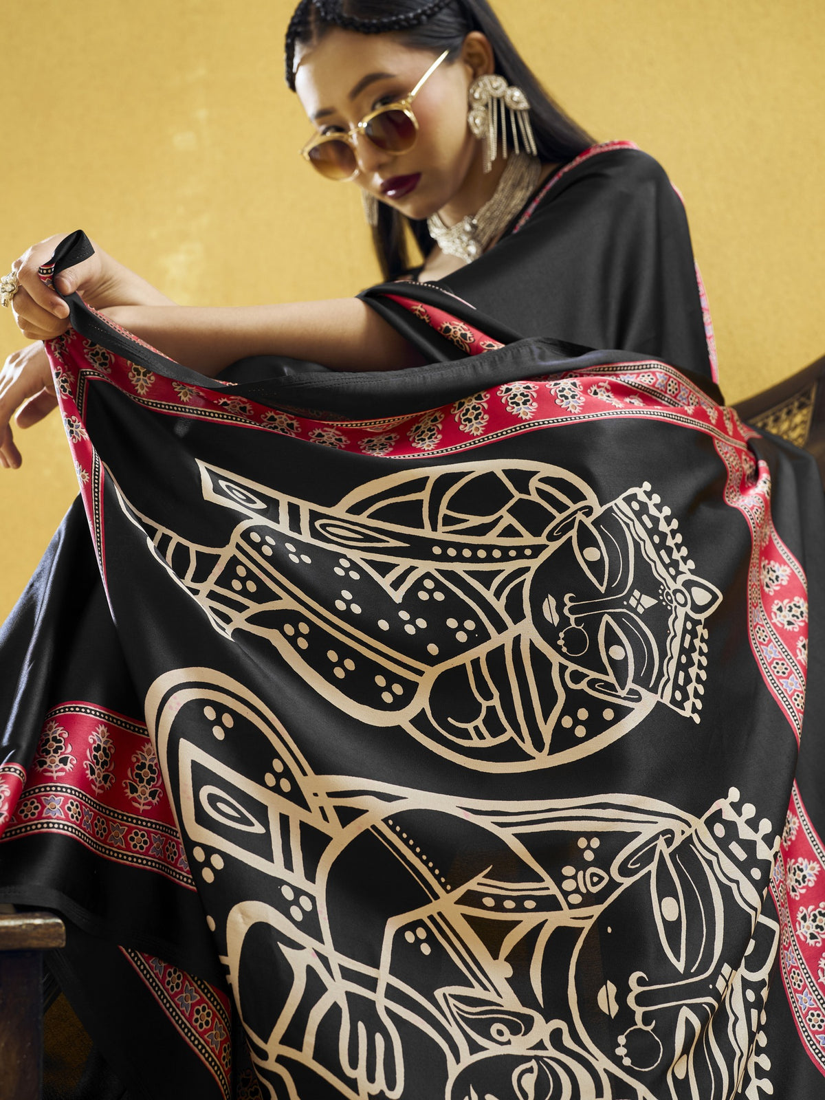 Black satin saree view 1