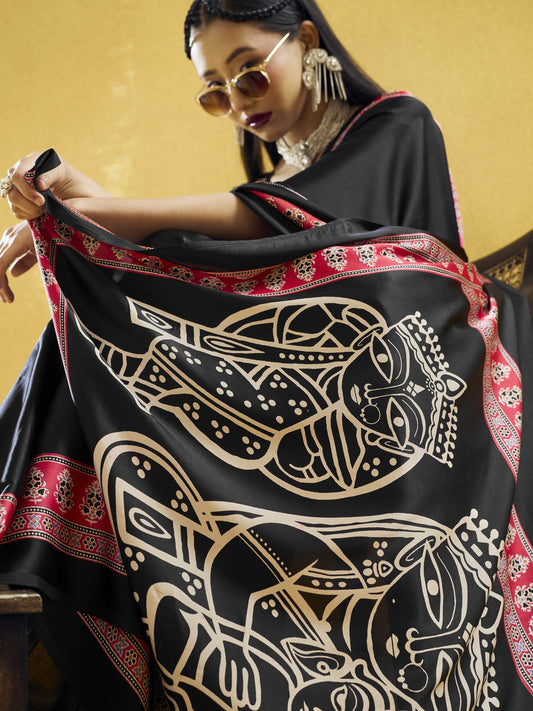 Black satin saree view 1