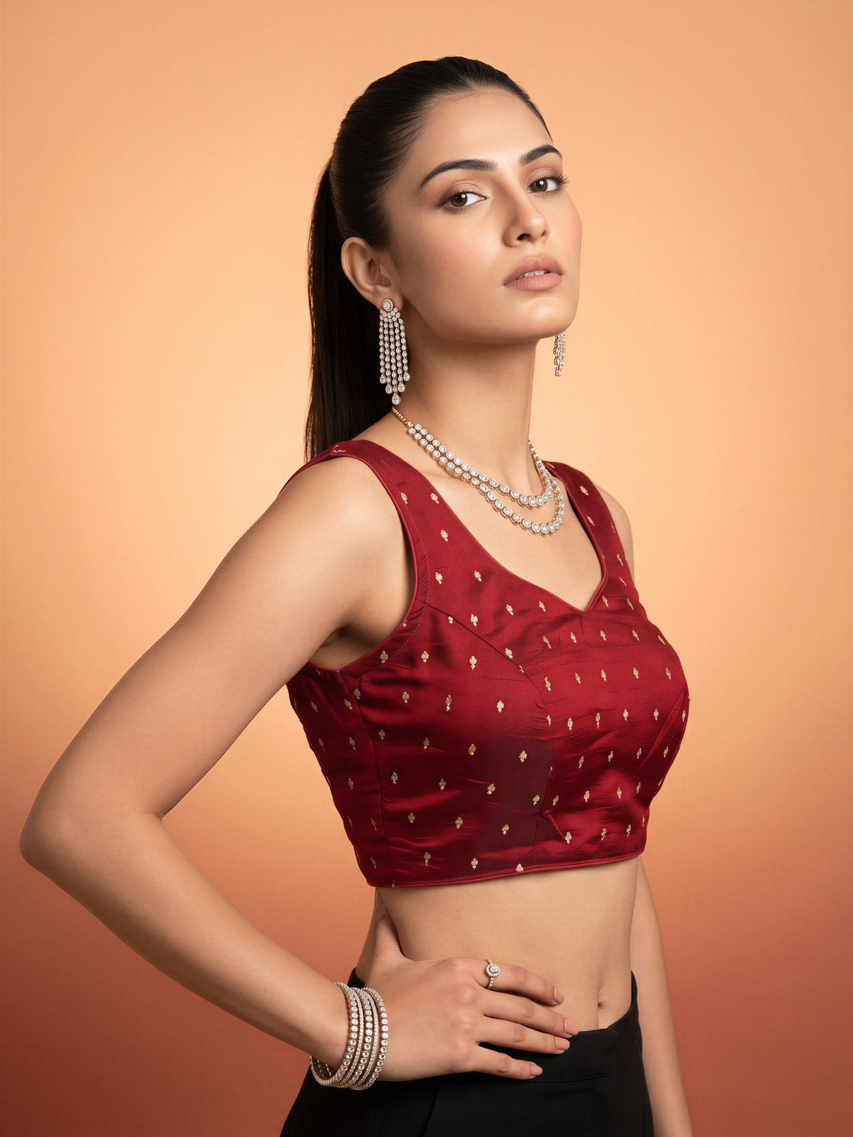 Maroon sequin embellished silk blend sleeveless readymade saree blouse with round neck view 3