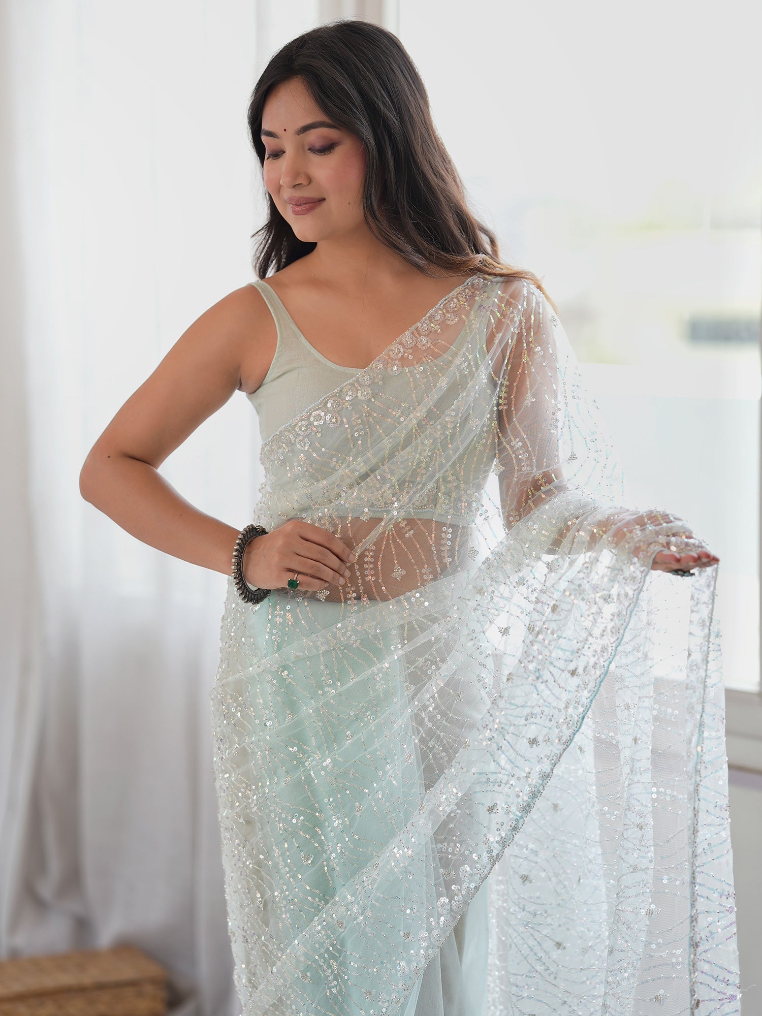 Light Blue Net saree – detail view 4