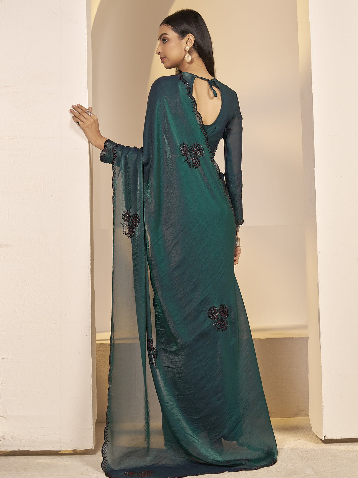 Teal Green satin silk saree view 4