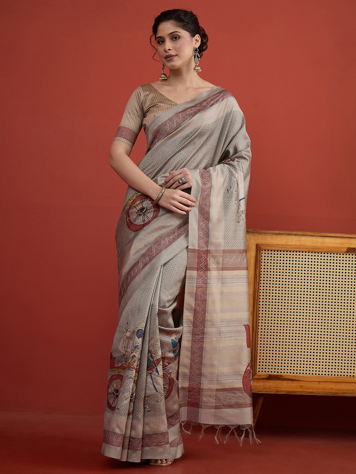 Beige ethnic motif art silk saree with beige blouse piece