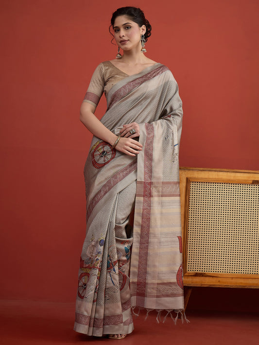 Beige ethnic motif art silk saree with beige blouse piece