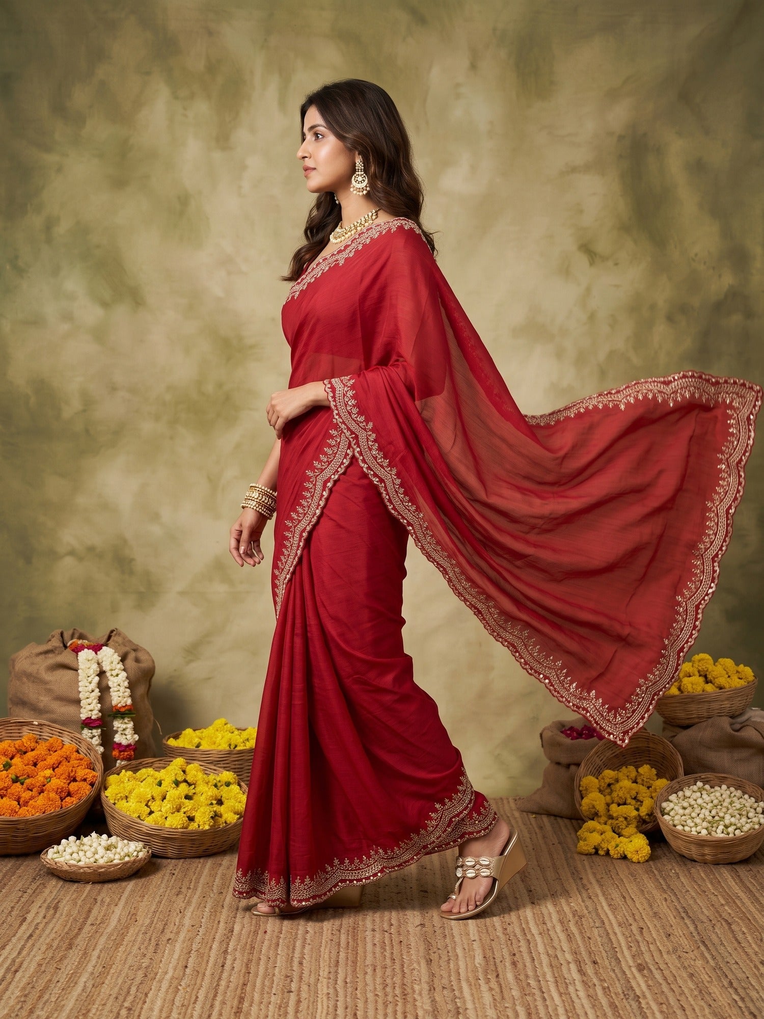 Red Satin Silk saree – detail view 4