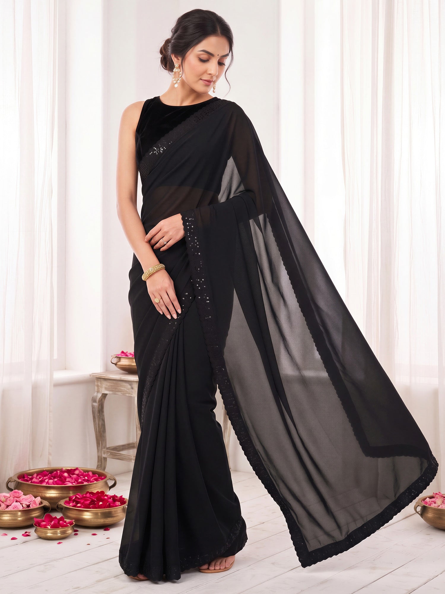 Black Georgette saree – detail view 3