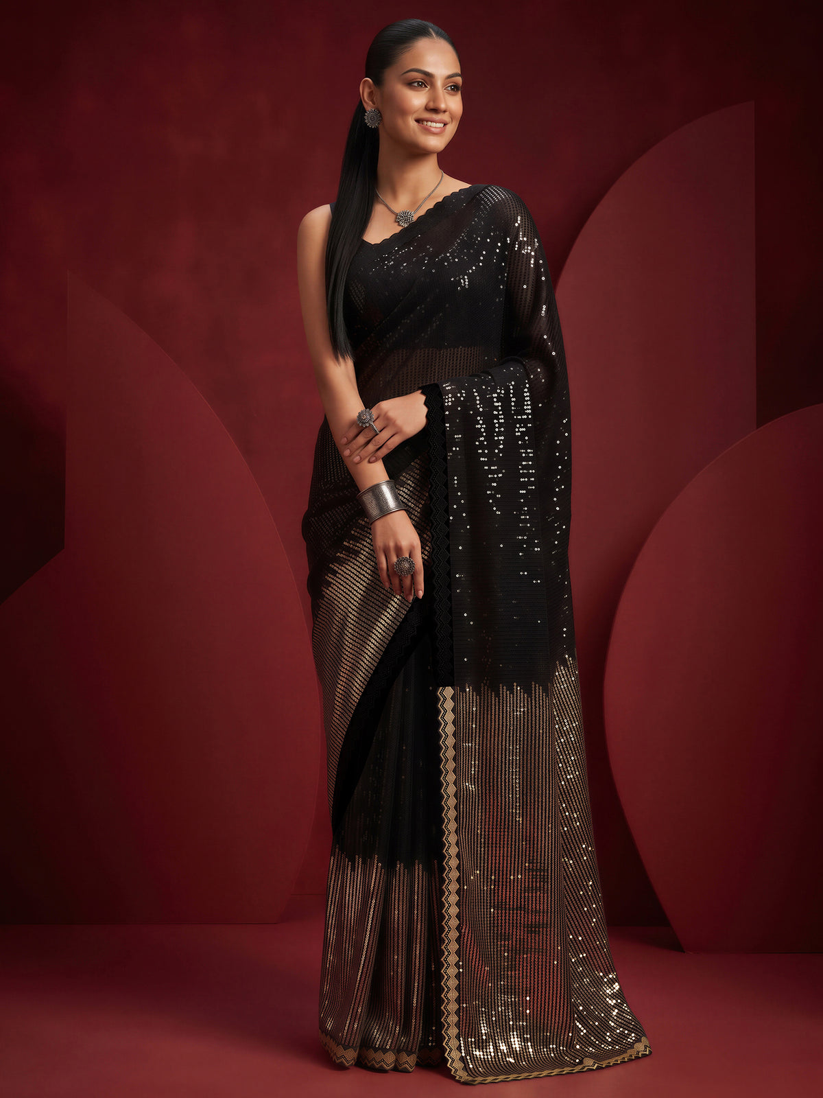 Black Pure Georgette saree – detail view 3