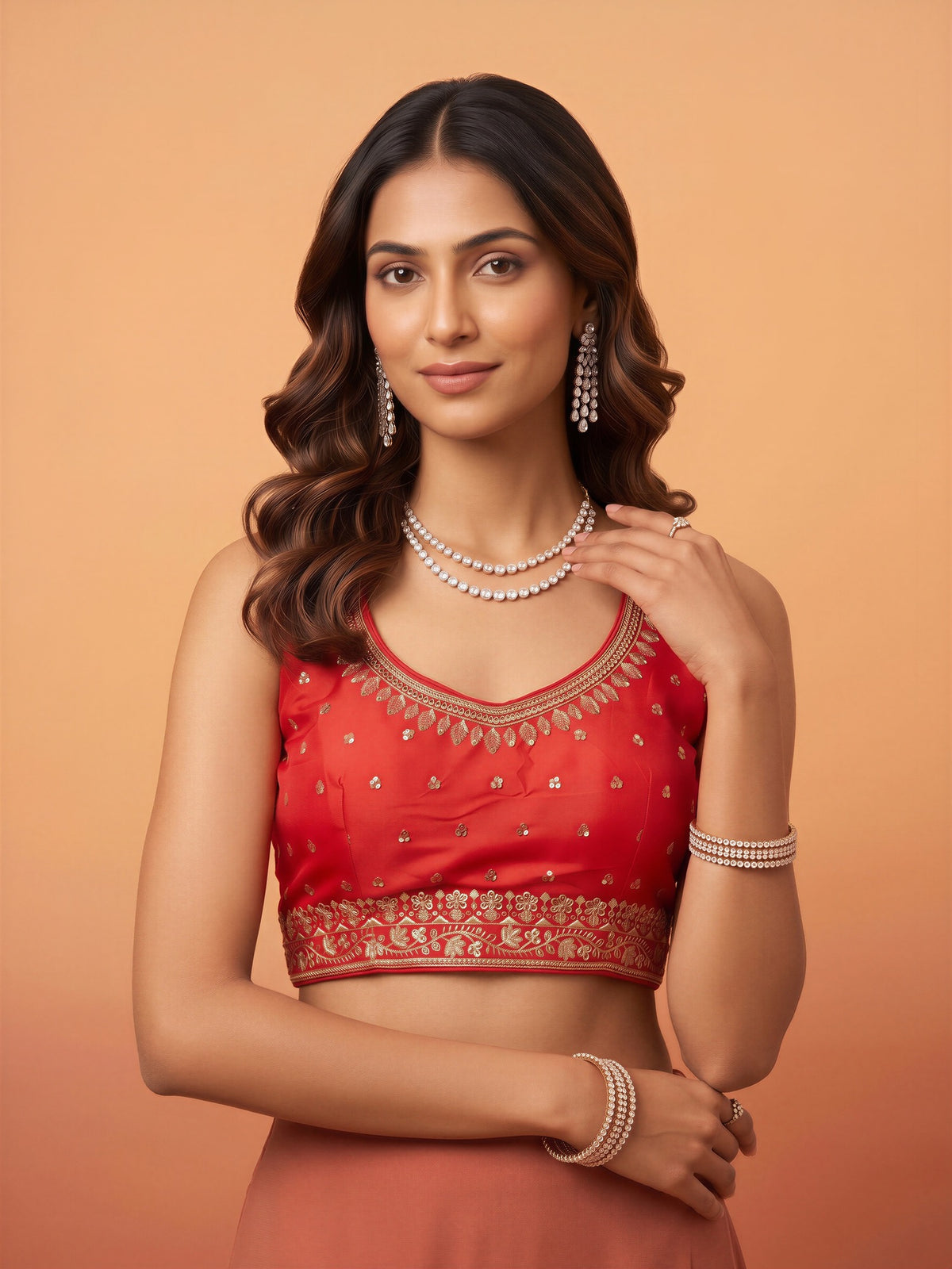 Orange sequin embellished silk blend sleeveless readymade saree blouse with round neck view 3