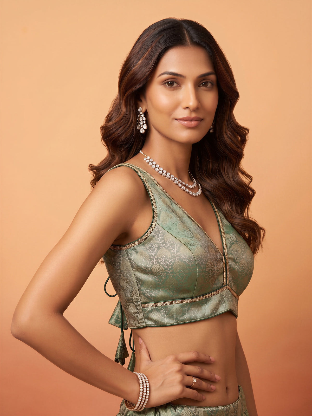 Sea Green woven brocade silk blend sleeveless readymade saree blouse with deep v neck view 2