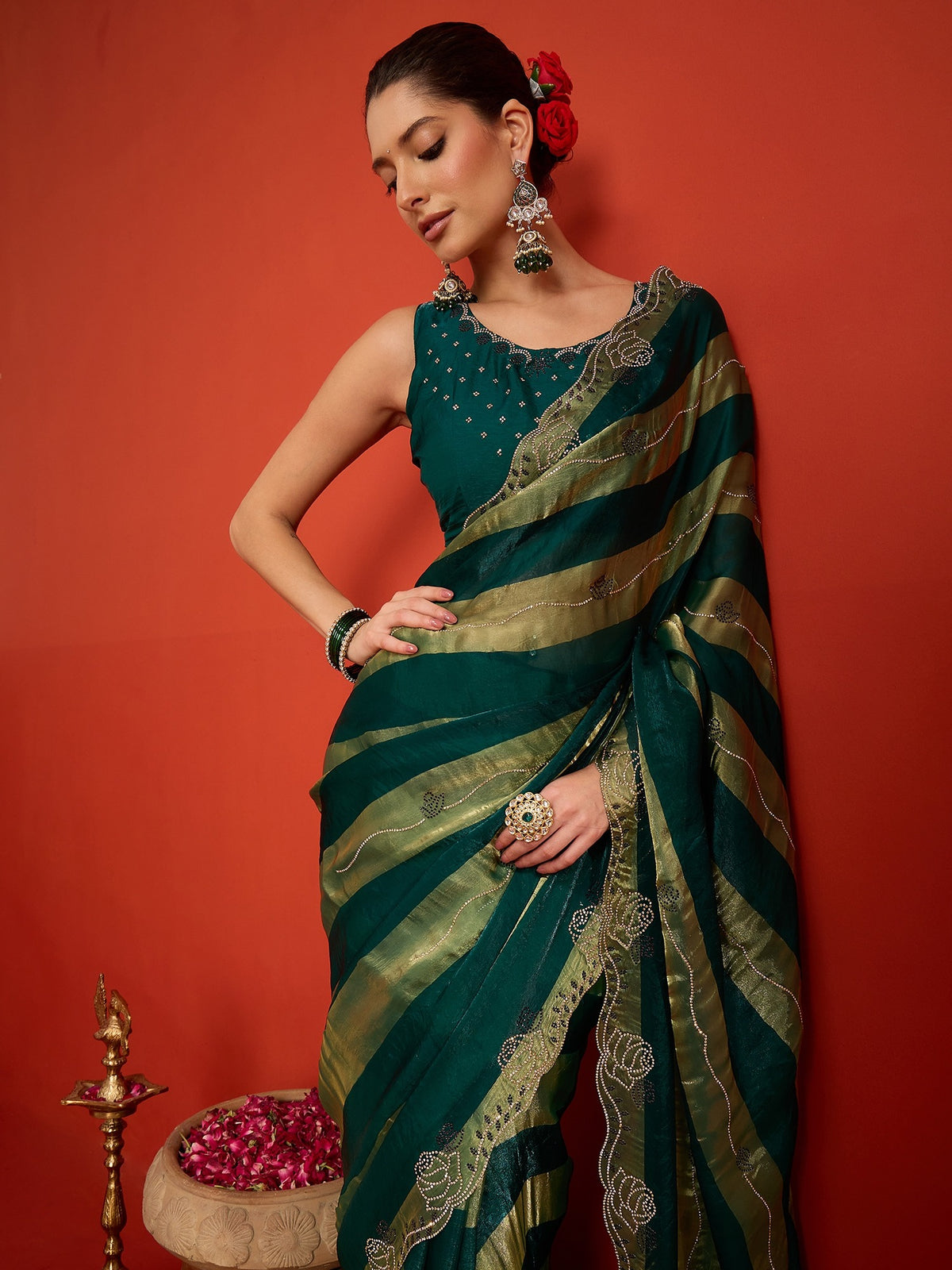 Teal Green Satin Silk saree – detail view 3
