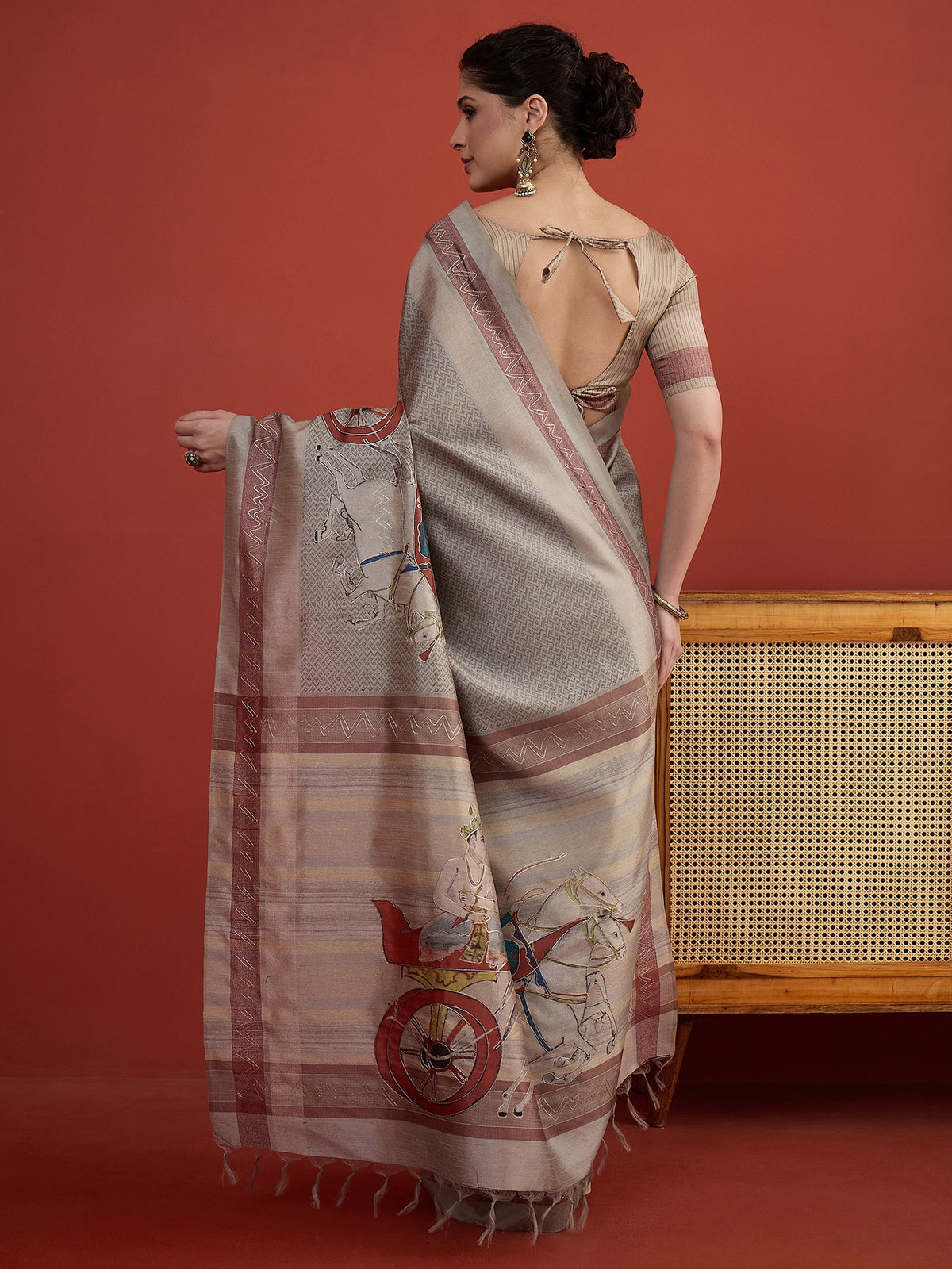 Beige art silk saree view 2