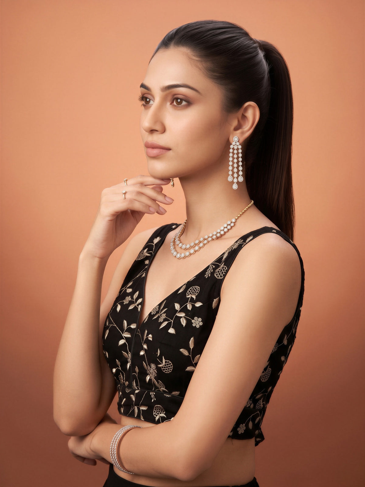 Black sequin embellished silk blend sleeveless readymade saree blouse with v neck view 2