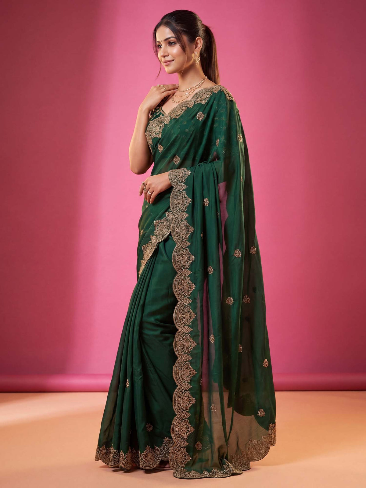 Green Georgette saree – detail view 1