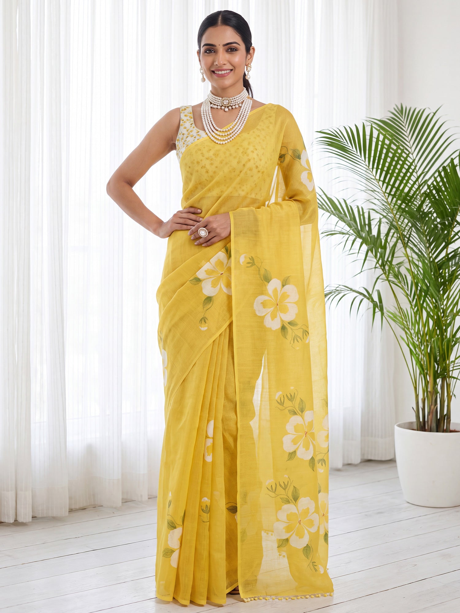 Yellow Cotton Linen saree – detail view 3
