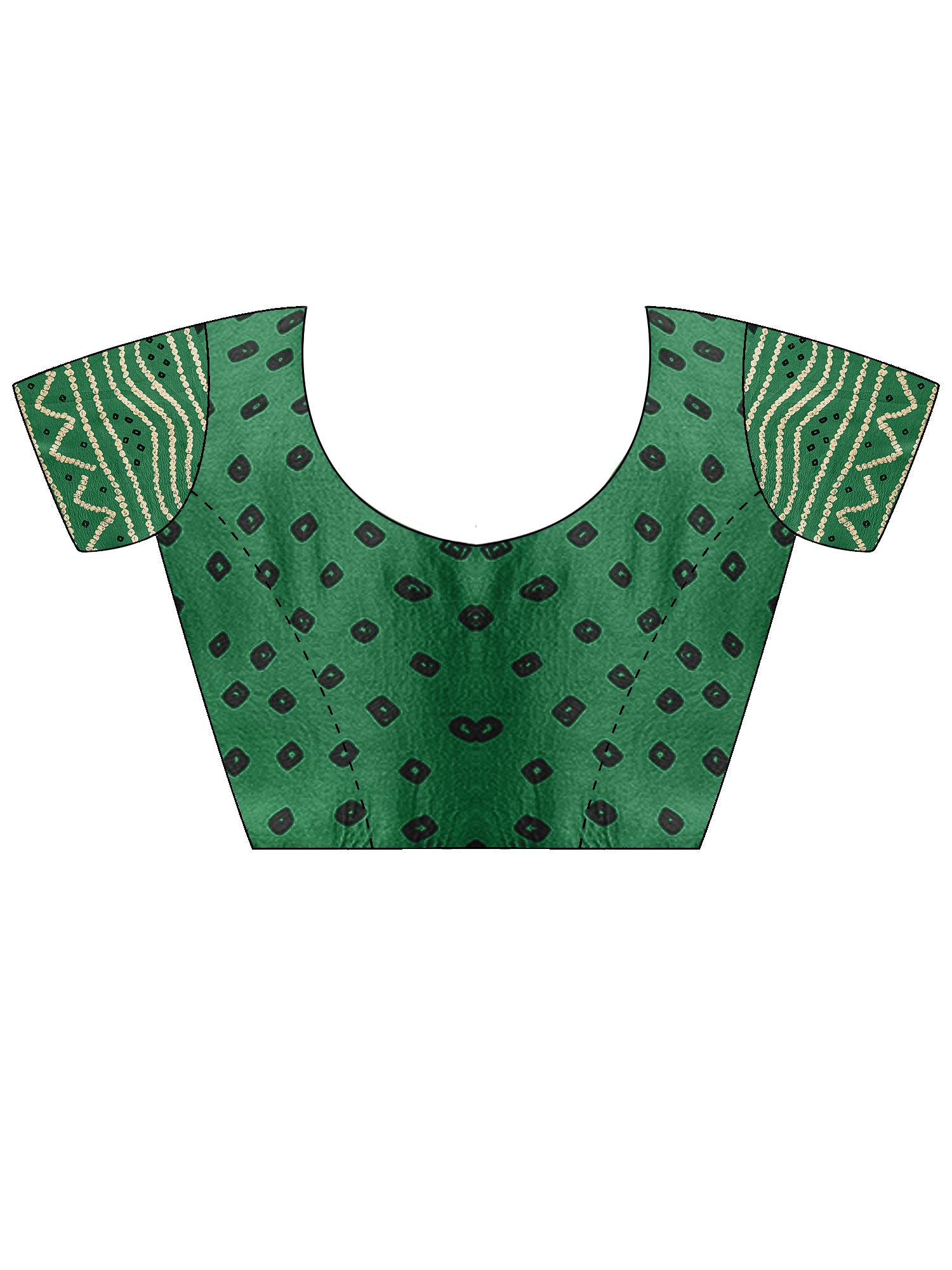 Unstitched green satin silk blouse piece with bandhani design