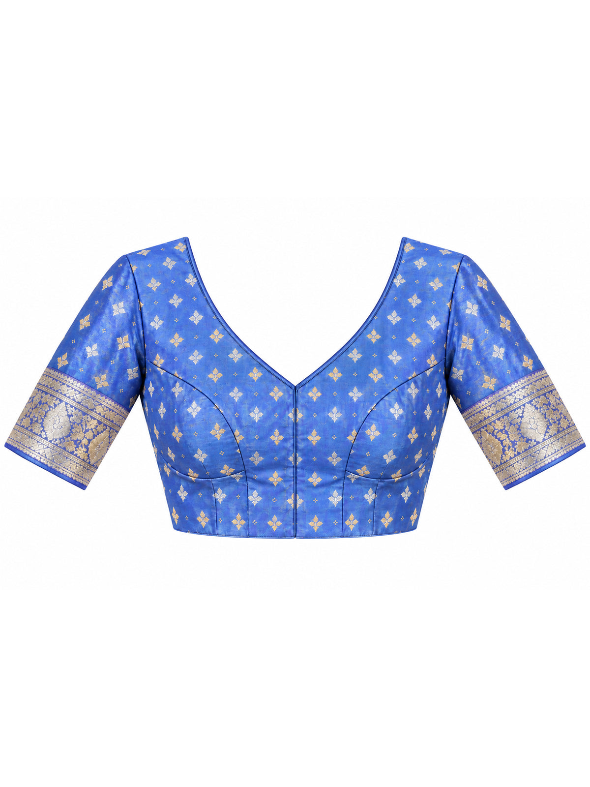 Unstitched blue  blouse piece with woven design design