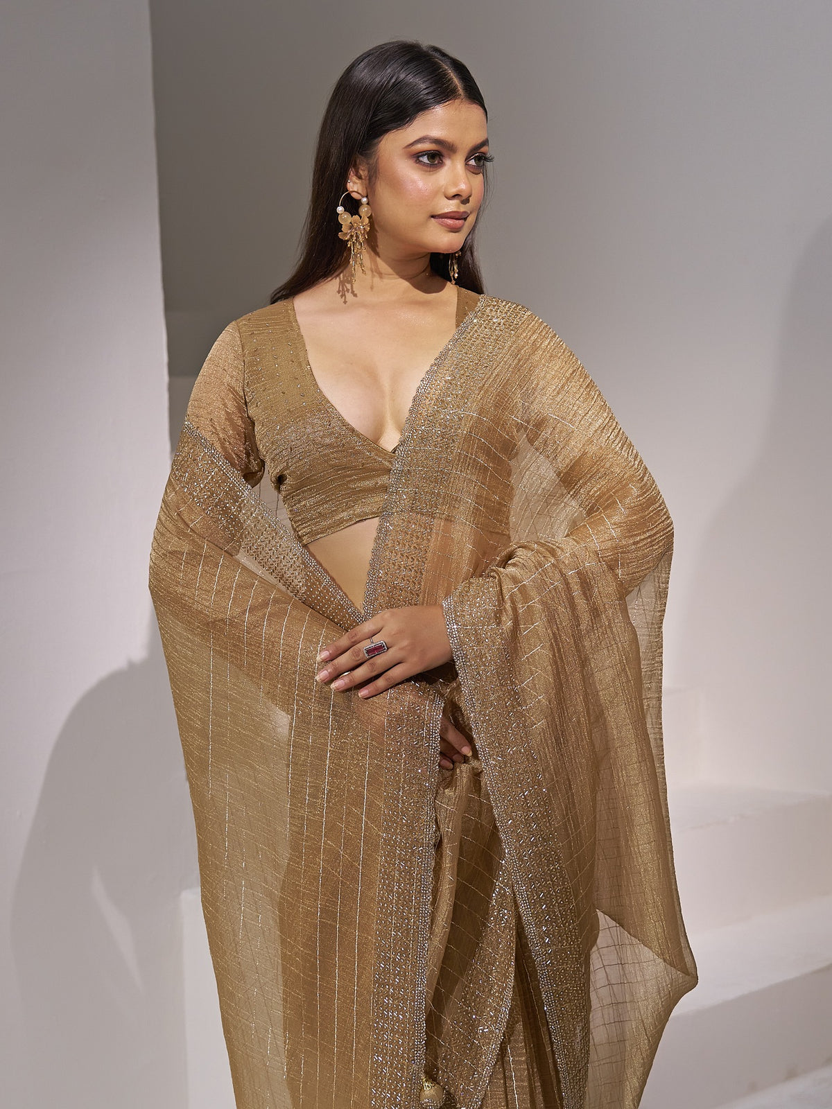 Mustard organza saree view 4
