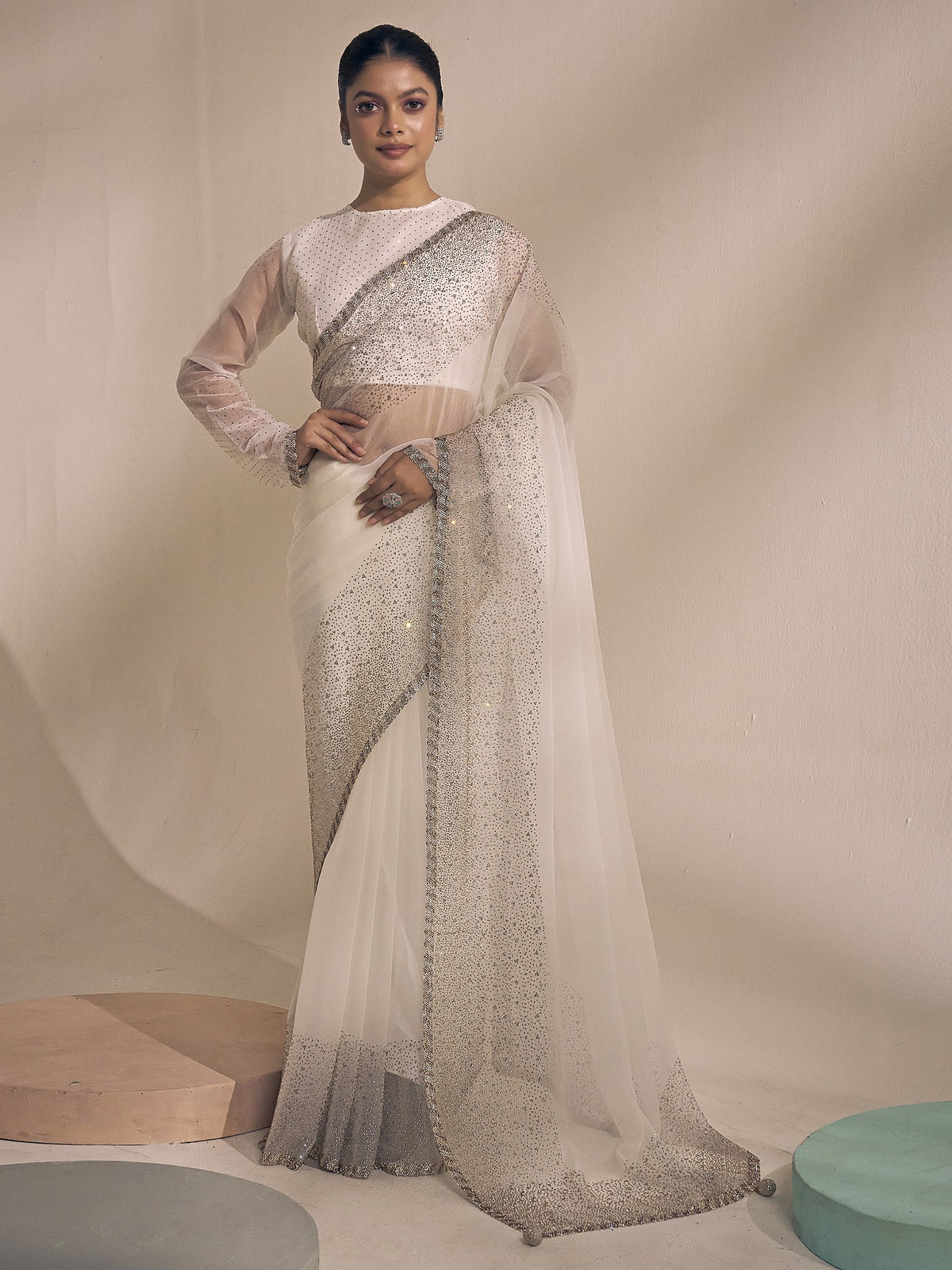 Off White embellished chiffon saree with off white blouse piece