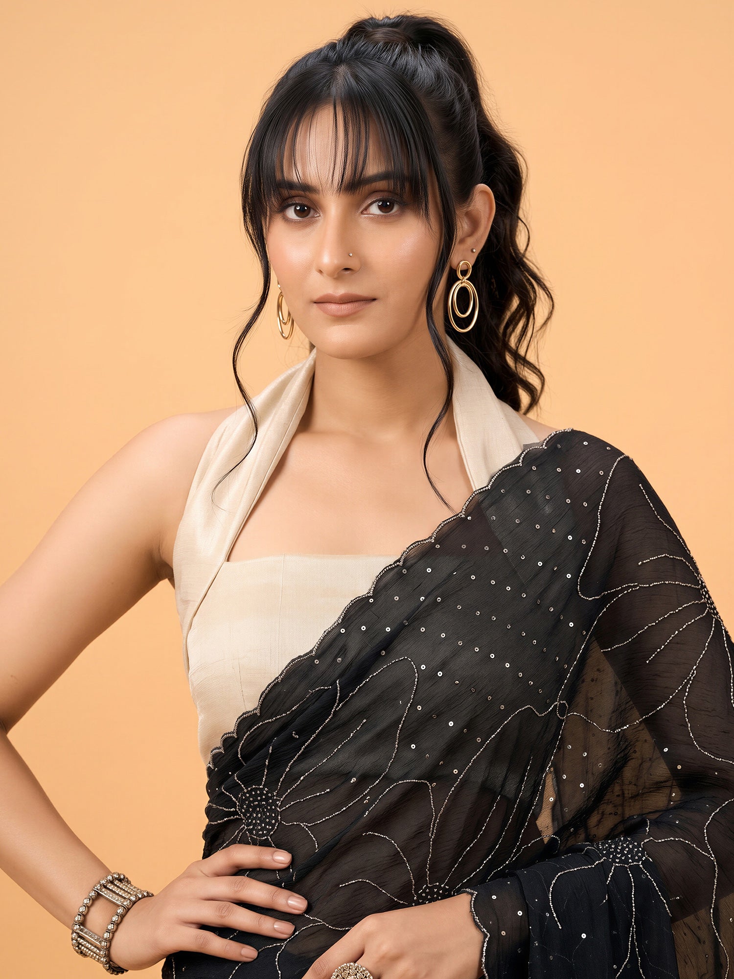 Black Satin Silk saree – detail view 4