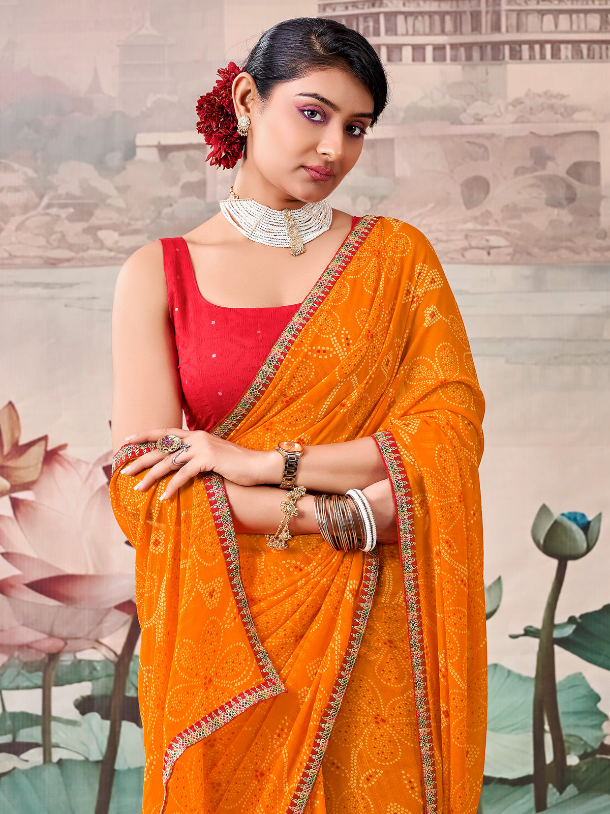 Orange Georgette saree – detail view 2