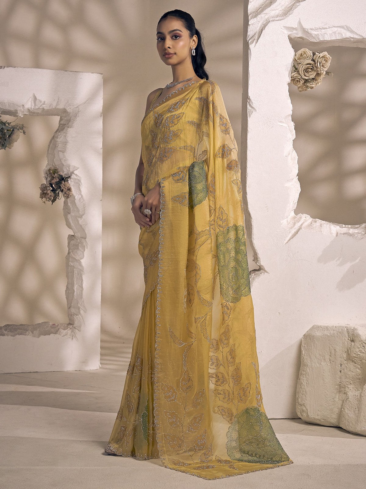 Yellow organza saree view 1