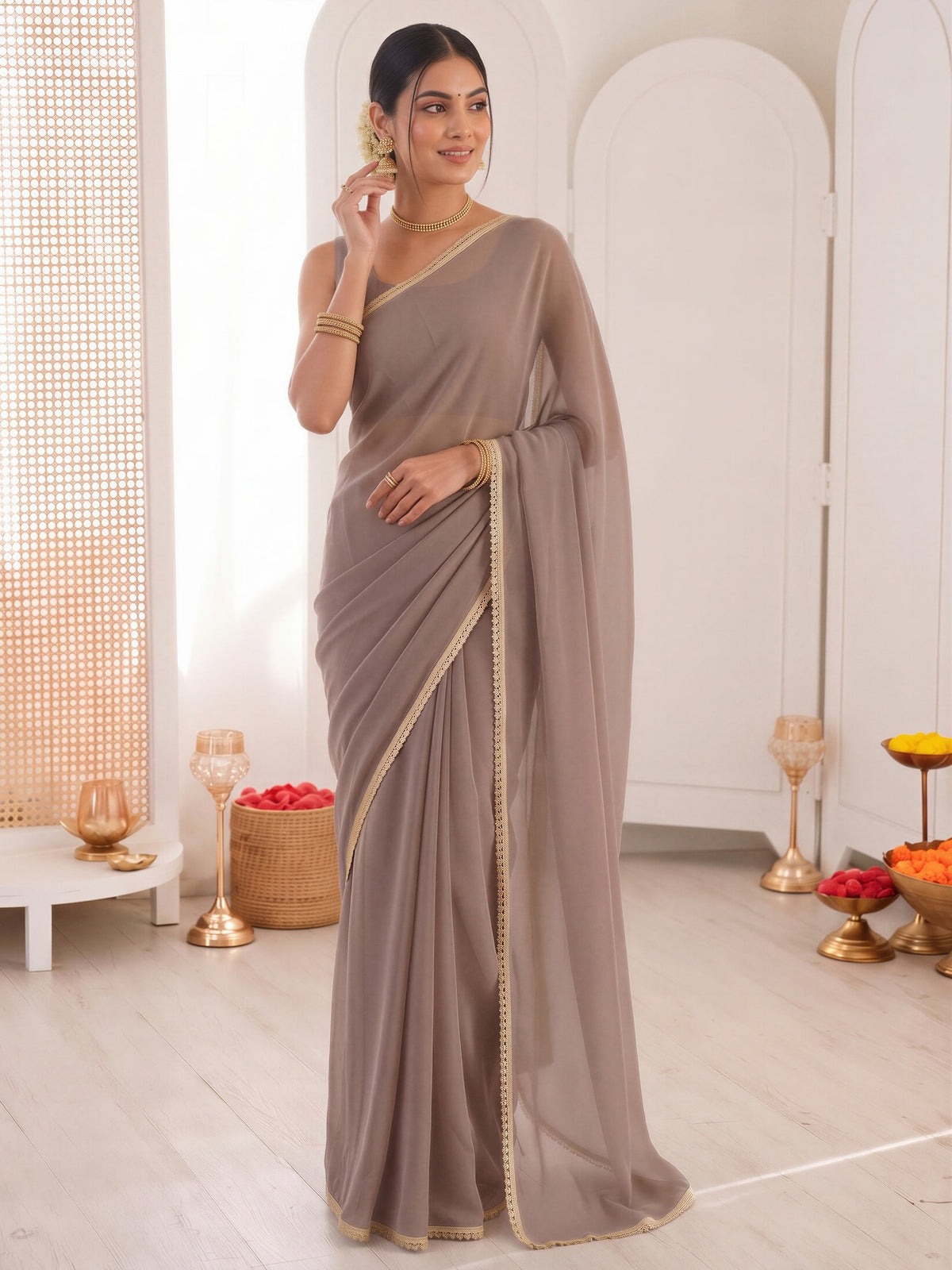 Grey satin silk saree view 3